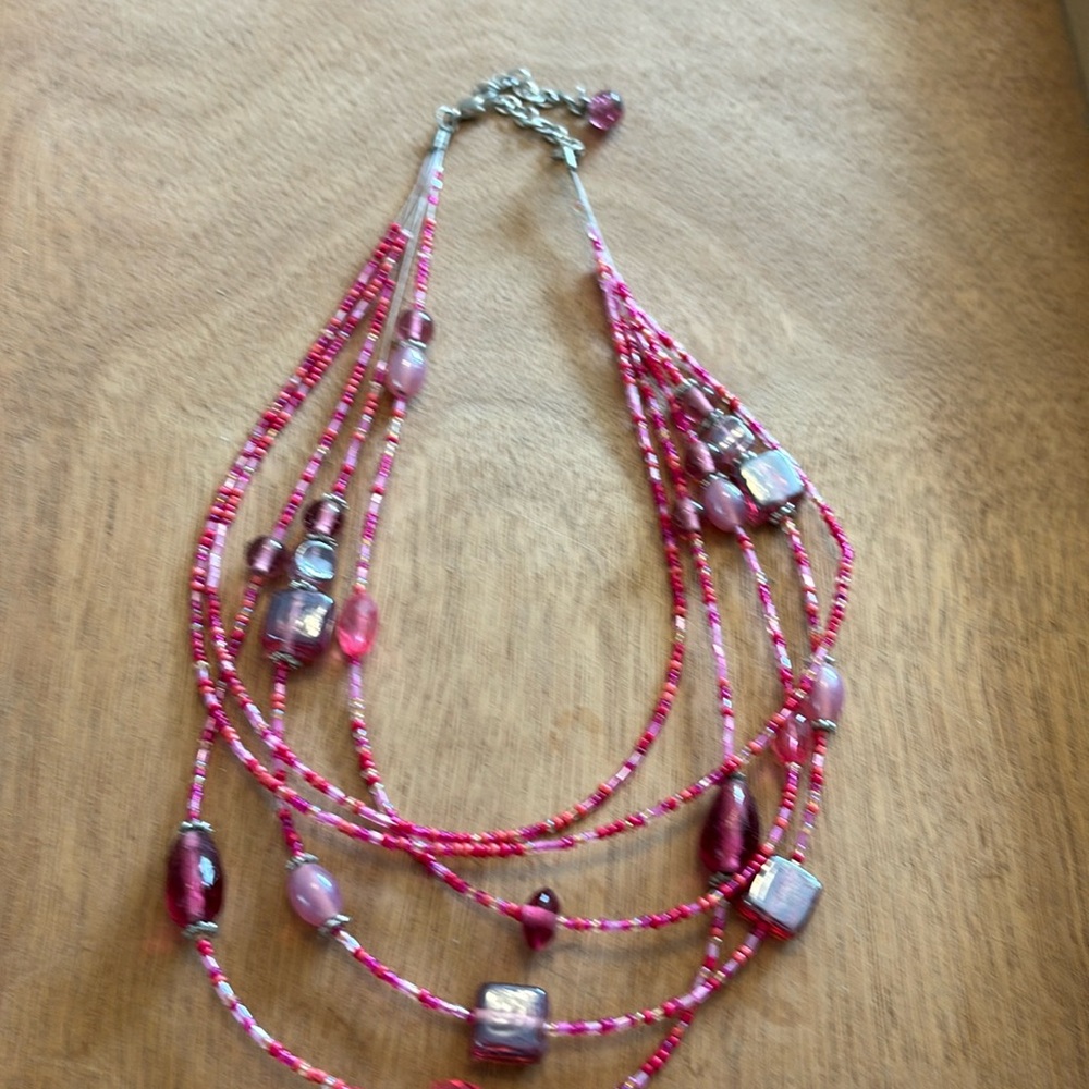 Nice multi strand 19” pink glass bead statement necklace